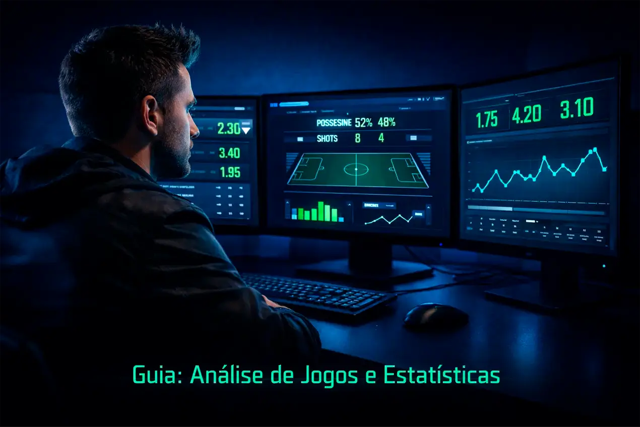 Analista esportivo estudando dados e estatísticas de futebol em múltiplas telas com gráficos de desempenho