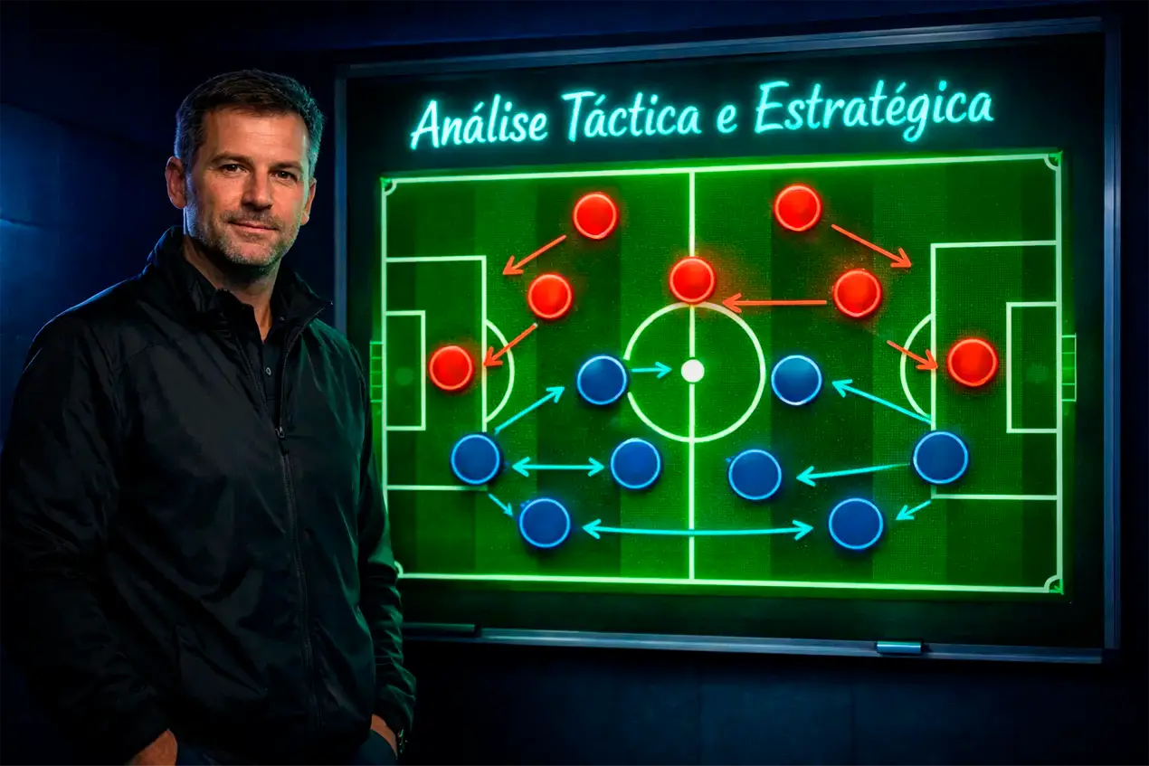 Treinador analisando formação tática em prancheta com diagrama de campo de futebol em ambiente profissional