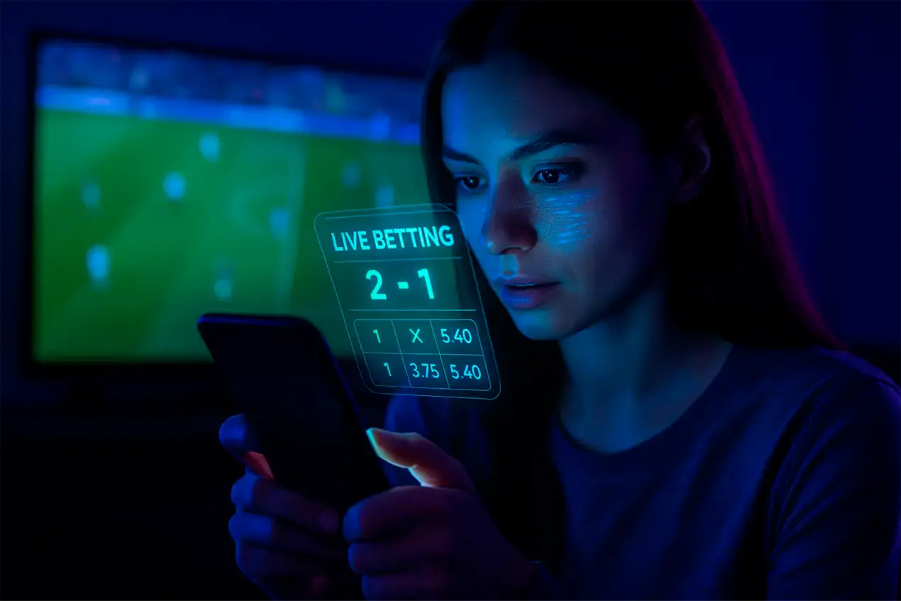 Mulher acompanhando apostas ao vivo no smartphone enquanto assiste partida de futebol na televisao