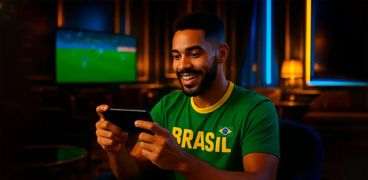 Torcedor brasileiro assistindo partida de futebol no smartphone em ambiente doméstico moderno e aconchegante