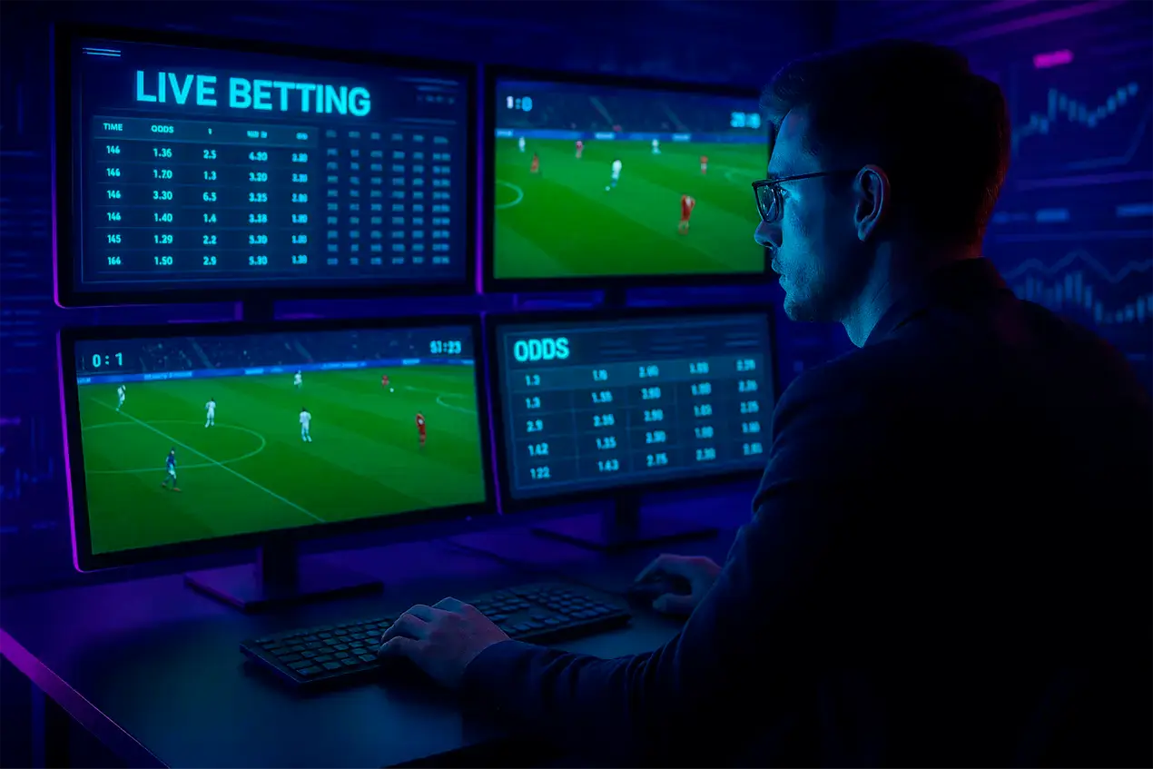 Profissional analisando apostas esportivas em ambiente moderno com monitor exibindo partida de futebol