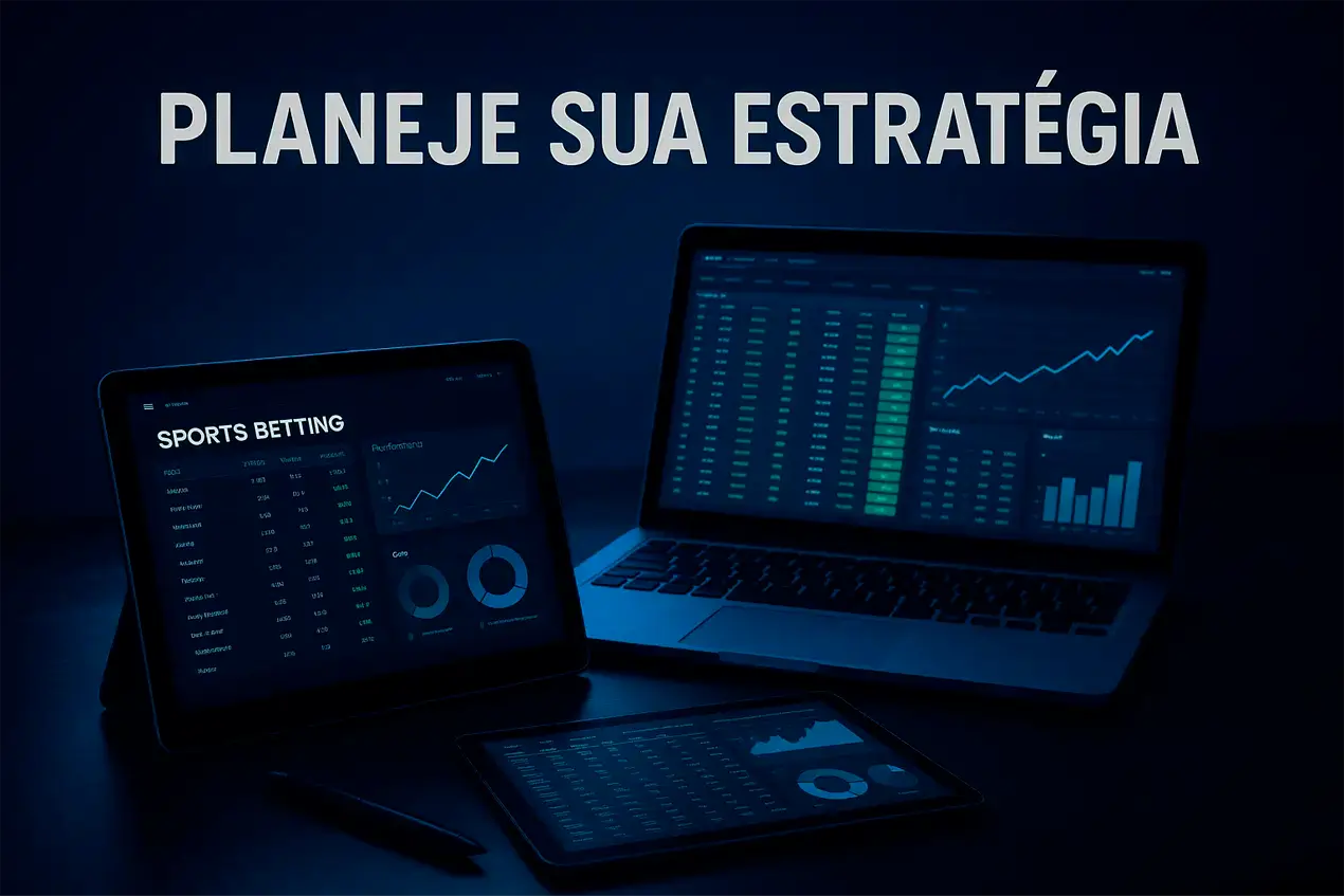 Mesa de trabalho com caderno e tablet mostrando estratégia de apostas