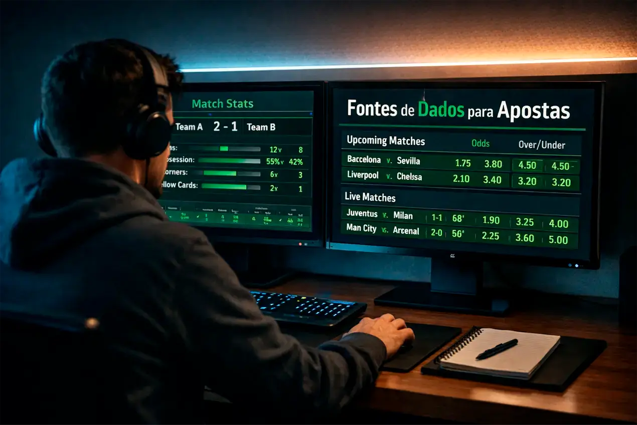 Analista consultando múltiplas fontes de dados esportivos em computador com interface de estatísticas