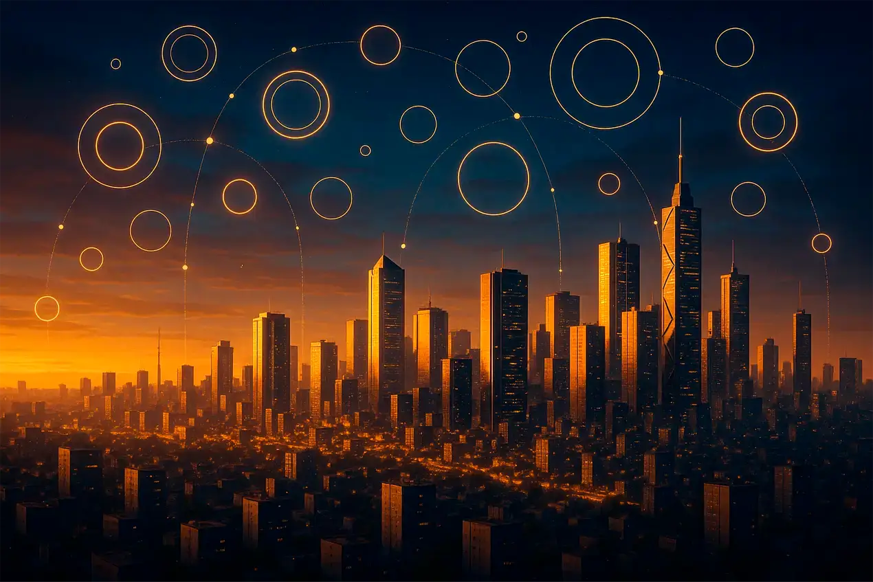 Vista panorâmica de cidade brasileira moderna ao entardecer representando progresso e evolução do mercado