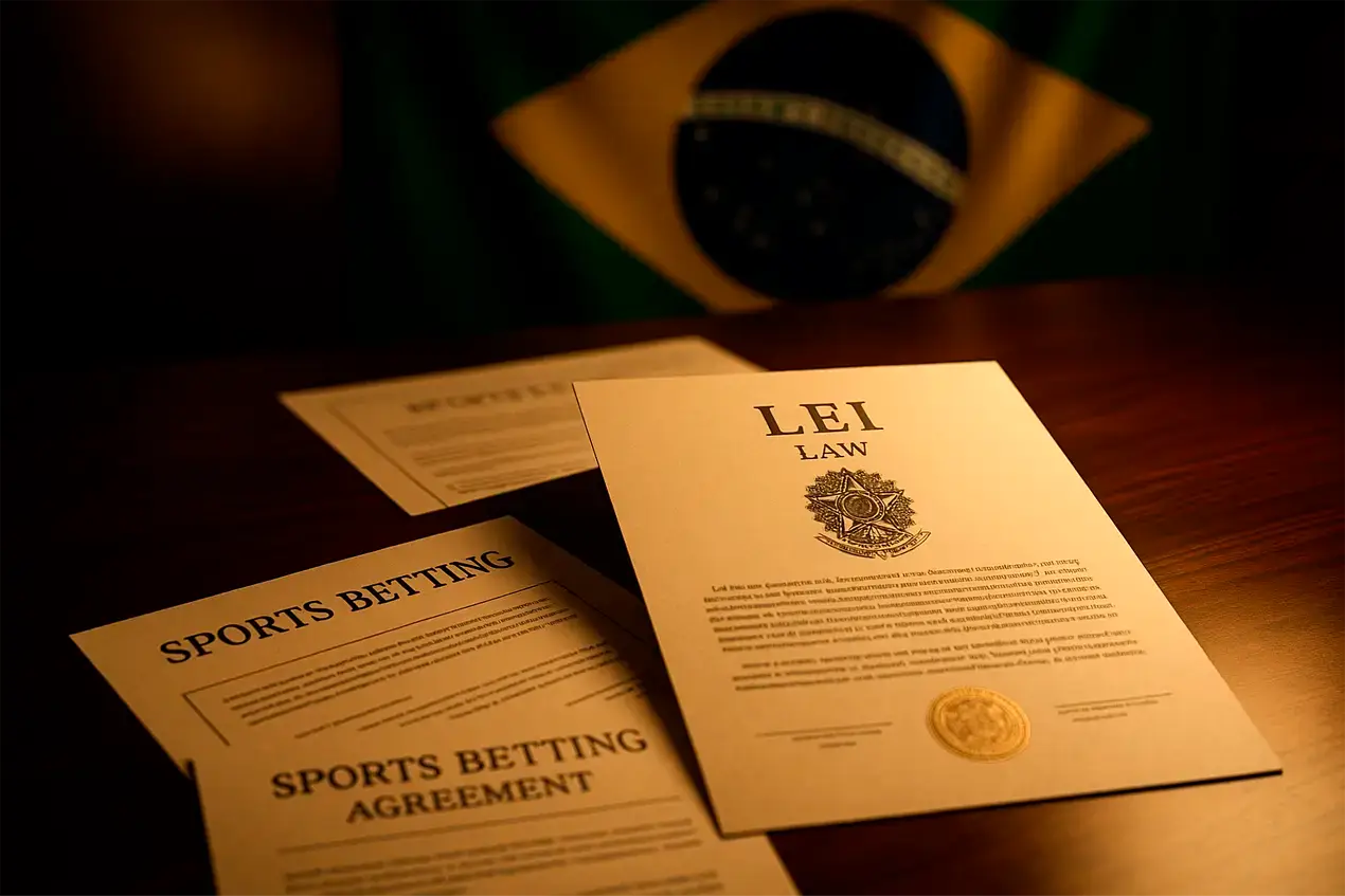 Documentos oficiais e legislação brasileira sobre regulamentação de apostas esportivas em mesa de escritório