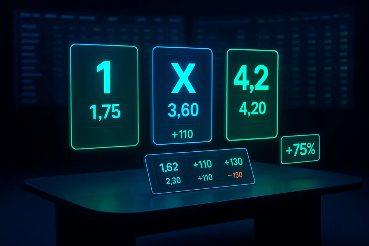 Mesa de analise com cartoes mostrando opcoes 1X2 para apostas em resultado final de futebol