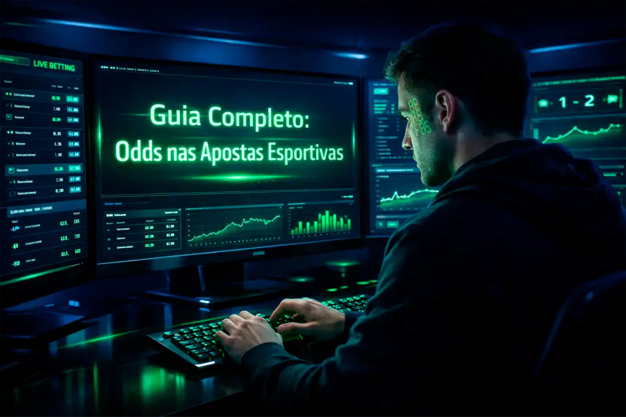 Analista estudando cotações e estatísticas de apostas esportivas em monitor moderno com gráficos