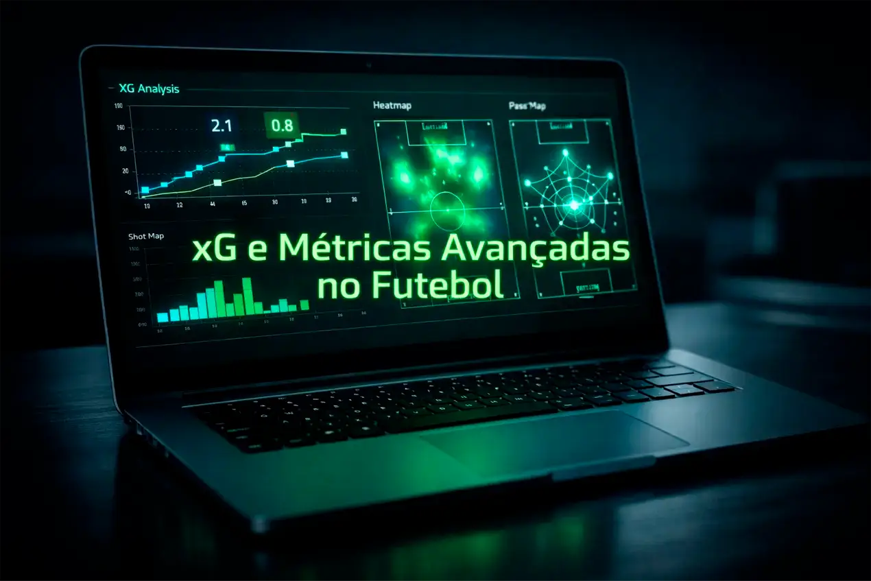 Profissional analisando gráficos estatísticos de futebol em laptop moderno com métricas de desempenho