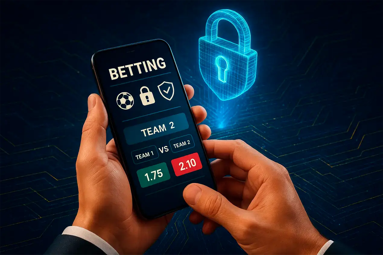 Mãos segurando smartphone com interface segura de apostas e símbolo de cadeado representando proteção digital