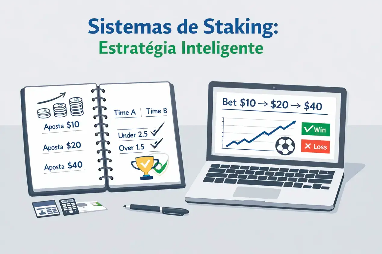 Profissional organizando estratégia de apostas com anotações em caderno e laptop em mesa de trabalho